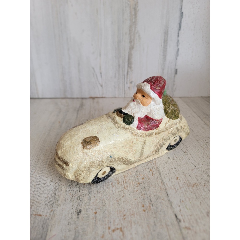 Teena vintage Santa Claus convertible car white glitter Xmas home decor figure